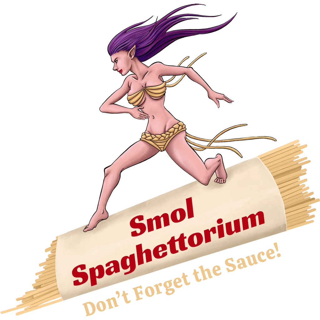 Smol Spaghettorium logo featuring a purple-haired elf lady flying on a spaghetti package through outer space with the tagline underneath "Don't Forget the Sauce!"